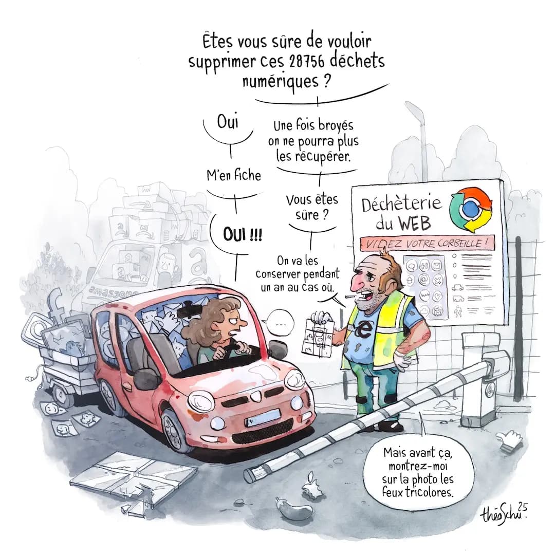 Etes vous sûre de vouloir supprimer ces 28756 déchets numériques ?
Oui
Une fois broyés on ne pourra plus les récupérer.
M'en fiche
Vous êtes sûre ?
OUI !!!
On va les Conserver pendant
un an au cas où.
Mais avant ça, montrez-moi sur la photo les feux tricolores. Dessin de ThéoSchu 2025
