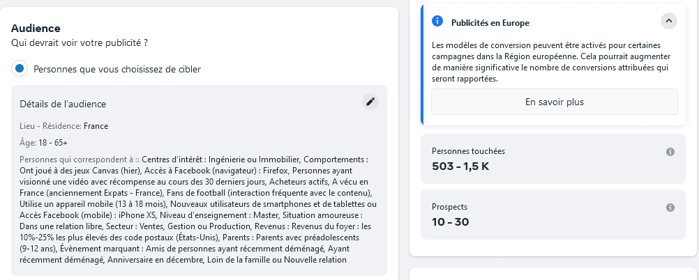 Spécification d'une audience cible sur Facebook avec des critères comme (Amis de personnes ayant déménagé, Parents avec préadolescents...)