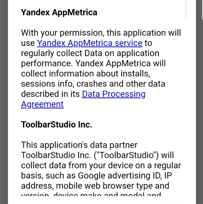 Yandex AppMetrica et ToolbarStudio sont présent dans la liste des SDK inclus dans l'application Call Ukraine