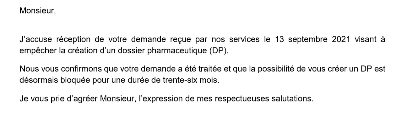 accuse de réception indiquant le blocage du dossier pharmaceutique