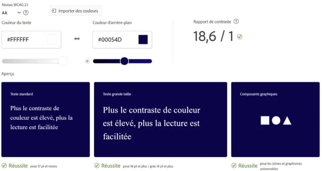 Interface Adobe Color - Niveau ciblé WCAG 2.1 - Rapport de contraste 18,6 / 10 