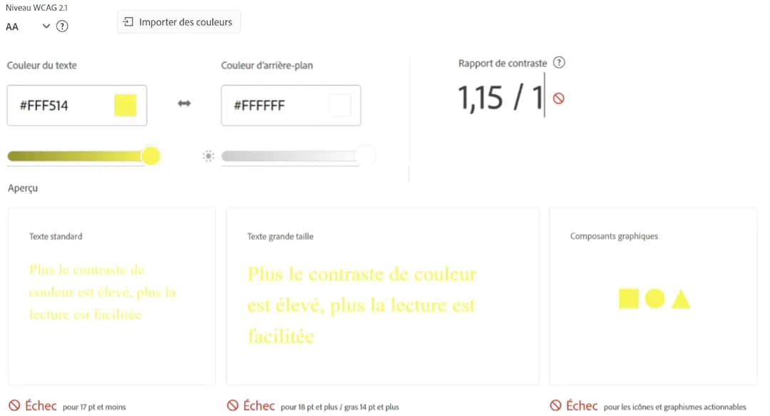Interface Adobe Color - Niveau ciblé WCAG 2.1 - Rapport de contraste 1,15 / 10