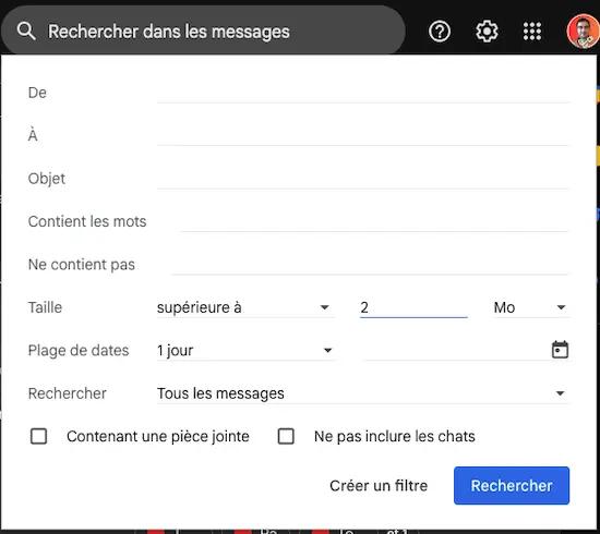 Fenêtre de paramétrage > Taille > supérieur à 2 Mo