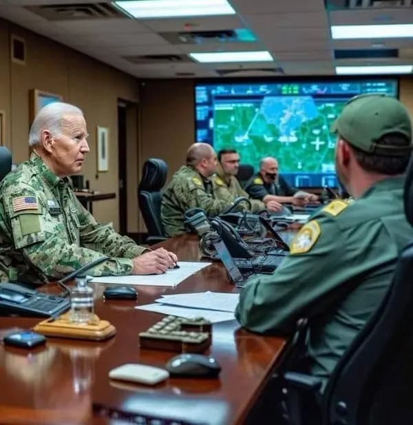 Biden en tenu militaire dans une salle de gestion de crise potentiellement entouré de militaires