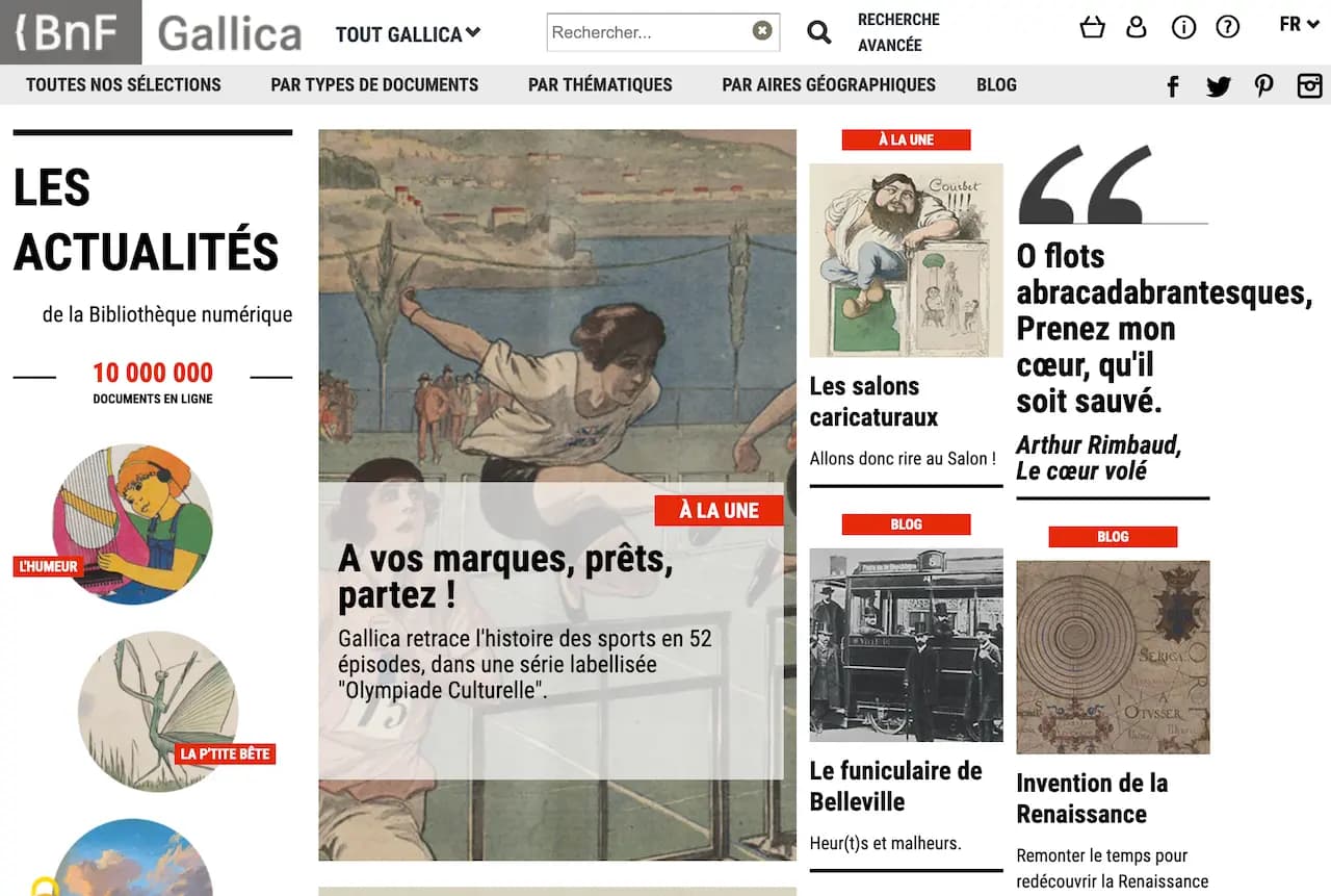 Page d'accueil de Gallica contenant une série d'oeuvres labellisée Olympiade Culturelle, Les salons caricaturaux, Le funiculaire de Belleville, ...