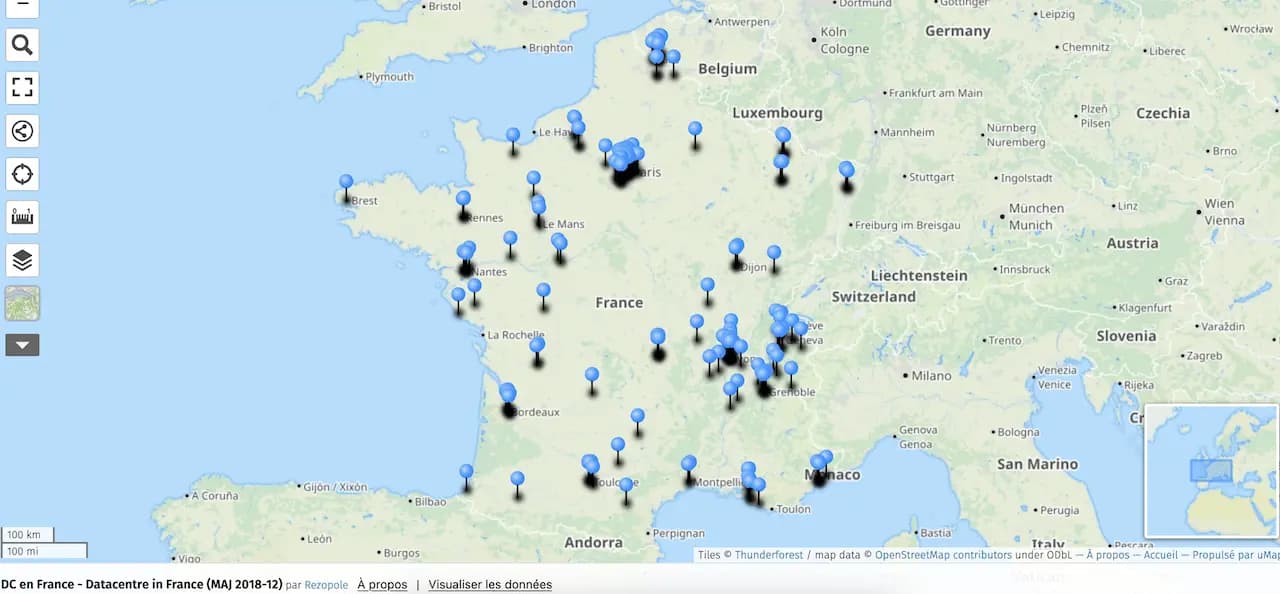 Carte française référençant les centres de données, présence en région parisienne, lyonnaise, marseillaise, bordelaise, ...