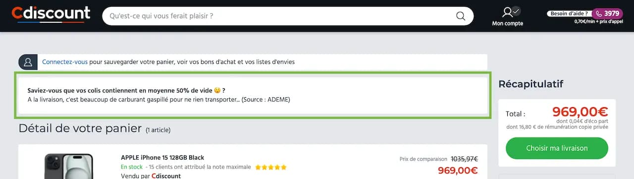 Capture de Cdiscount questionnant sur les colis vide à 50%