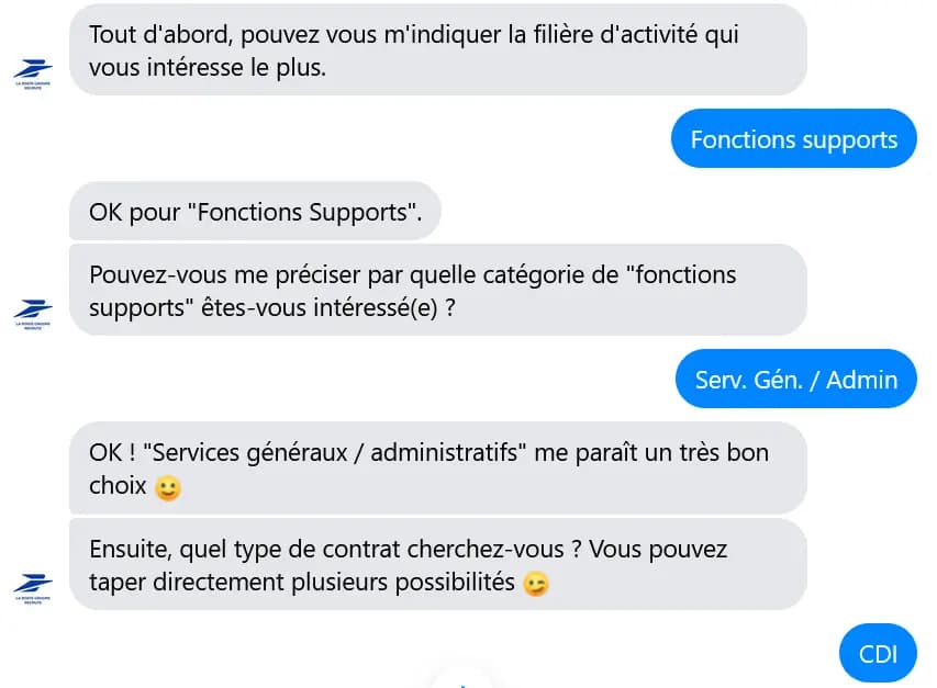 Echange avec le robot : Tout d'abord, pouvez-vous m'indiquer la filière d'activité qui vous intéresse le plus... Pouvez-vous me préciser par quelle catégorie de fonctions de supports, êtes-vous intéressé(e) ?