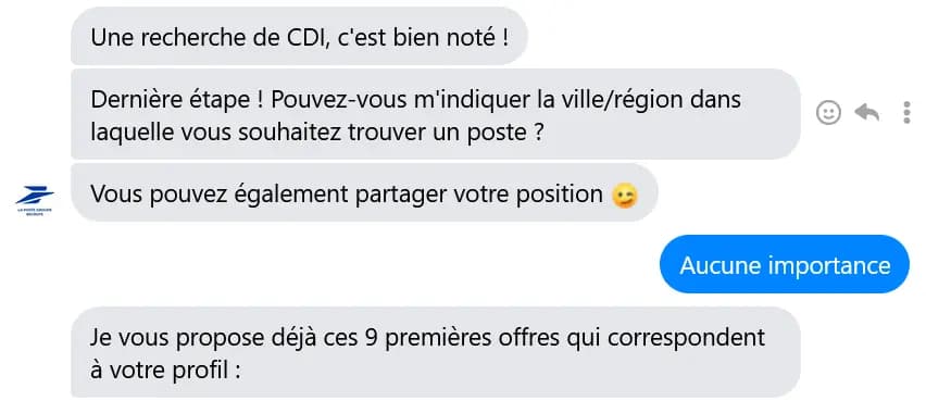 Echange avec le robot : Une recherche de CDI, c'est bien noté ! Dernière étape ! Pouvez-vous m'indiquer la ville/région dans laquelle vous souhaitez trouver un poste ?