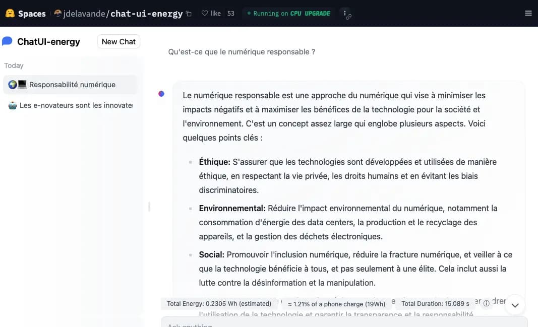 Pour le modèle de gemini, en lui posant la question sur qu'est-ce que le numérique responsable, la réponse longue de l'ia Open Source de Google a nécessité 0.2305Wh et 1.12% d'une charge d'un smartphone pour un temps de 15s de chargement