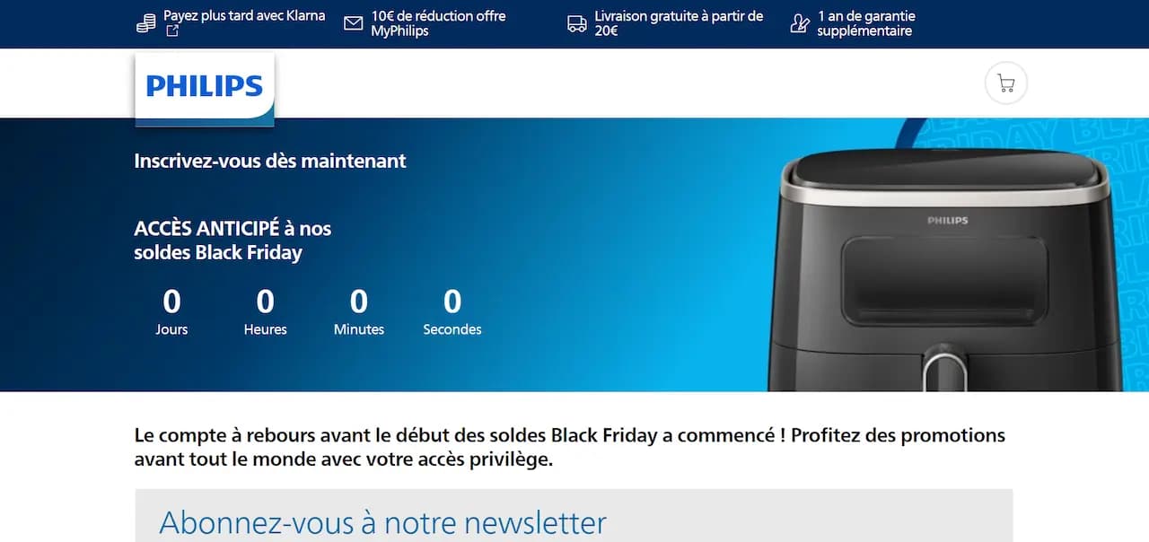 Un décompte en jours/heure/minutes pour une offre sur le site de Philips