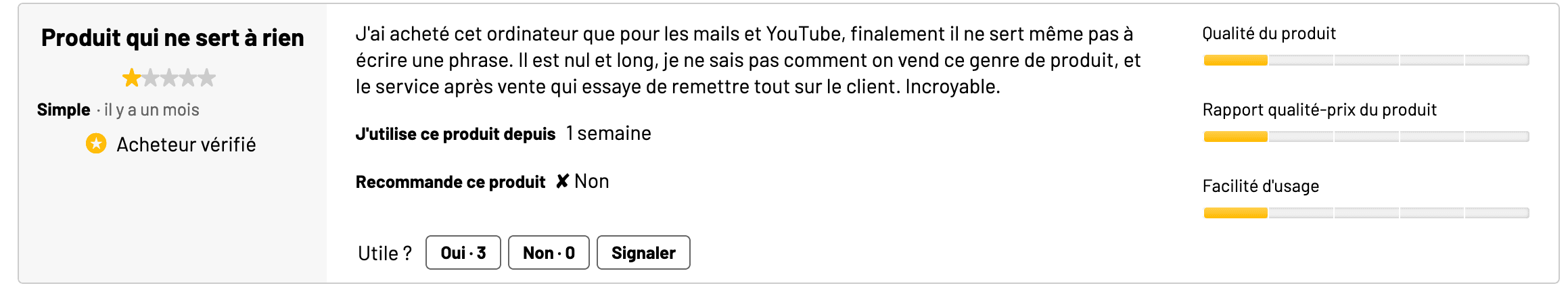 Commentaire d'un client ayant acheter un ordinateur peu cher