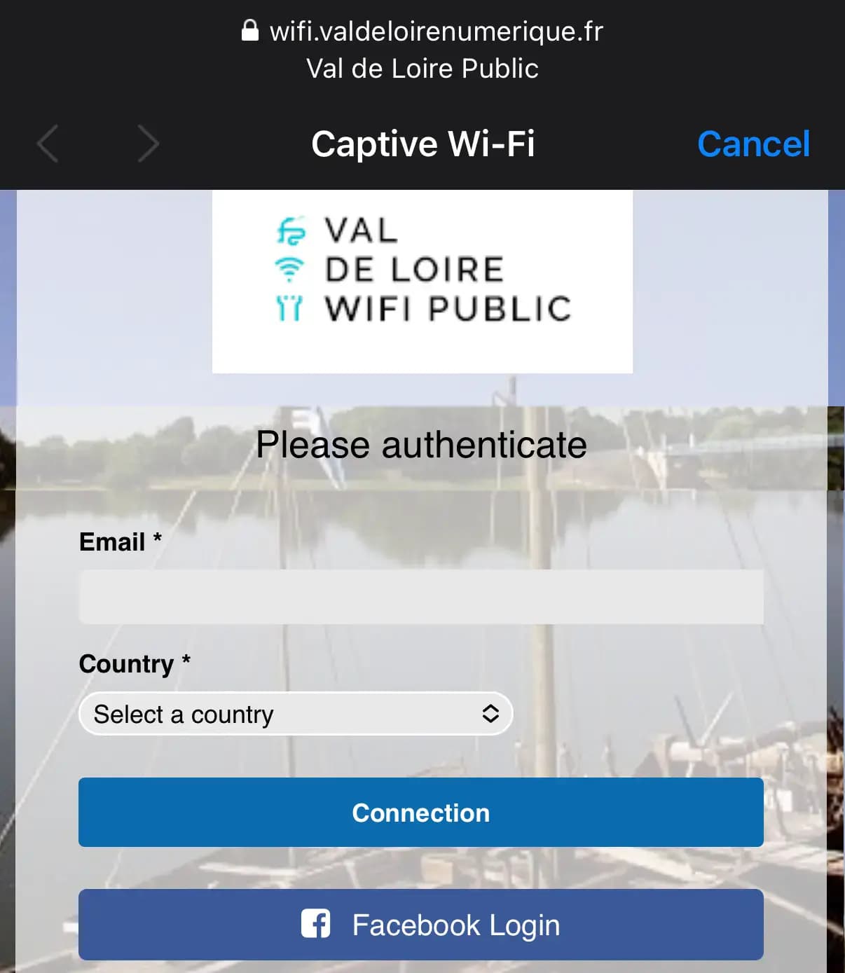 Please authenticate / Email / Country / Connect with Facebook