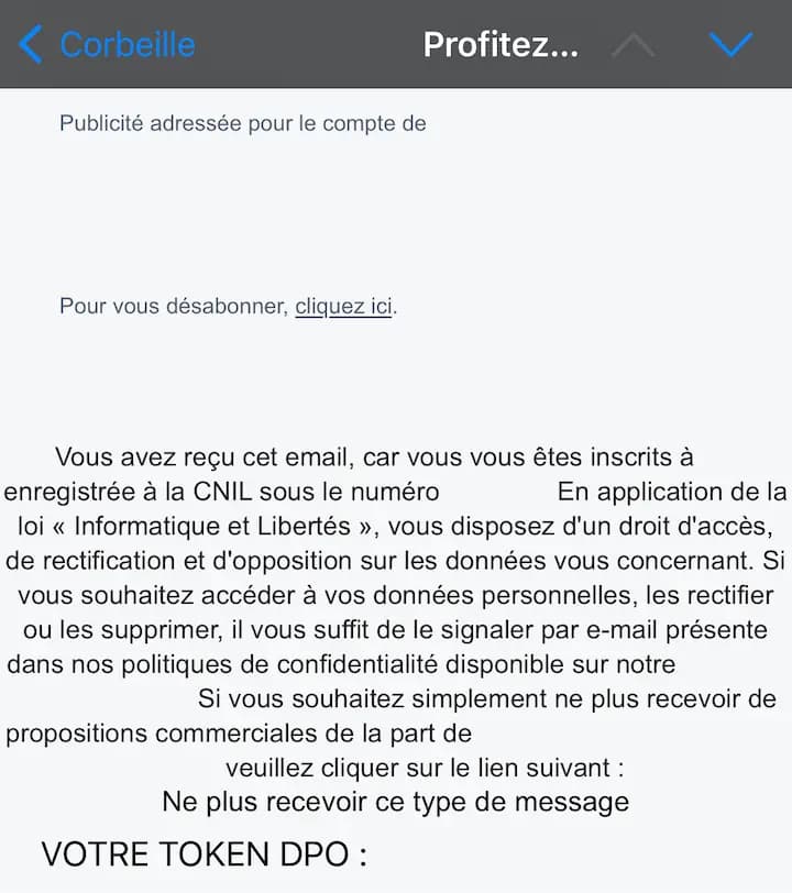 Désinscription newsletter lien dissimulé en bas du mail