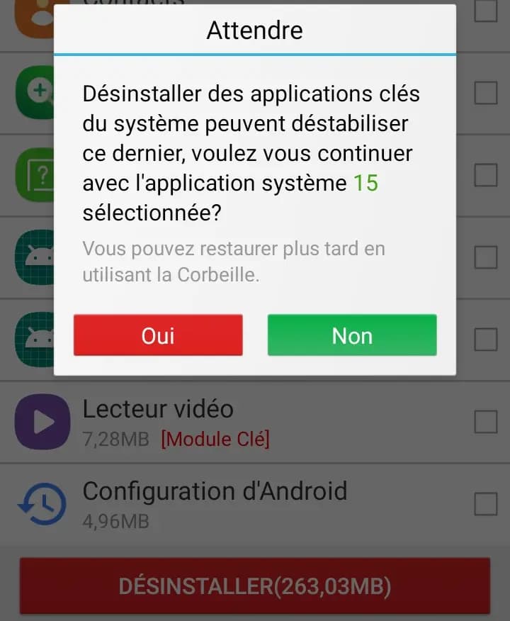 Message de l'outil de suppression d'application système : Désinstaller des applications clés du système peuvent déstabiliser ce dernier, voulez vous continuer avec l'application système 15 sélectionnée ? Permettant de récupérer 263Mo