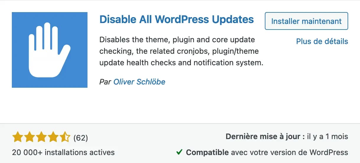 Disable All WordPress Updates > Disables the theme, plugin and core update checking, the related cronjobs, plugin/theme update health checks and notification system.