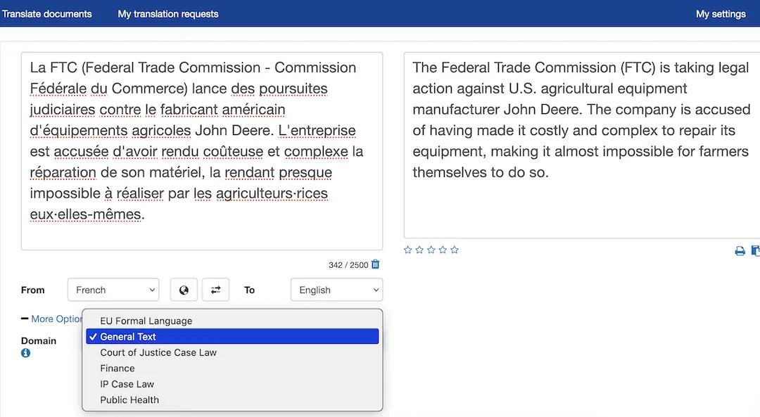 Une interface contenant d'un côté un texte à traduire et de l'autre le texte traduit, il y a également des paramètres à renseigner comme la langue source, cible mais aussi le type de contenu à traduire (santé public, texte de l'UE...)