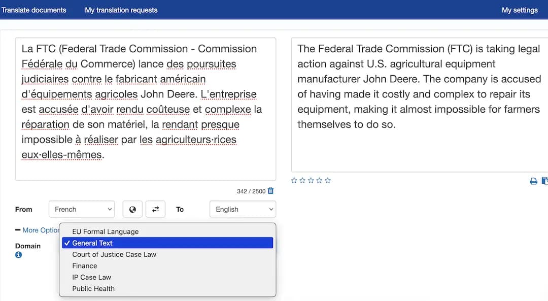 Une interface contenant d'un côté un texte à traduire et de l'autre le texte traduit, il y a également des paramètres à renseigner comme la langue source, cible mais aussi le type de contenu à traduire (santé public, texte de l'UE...)
