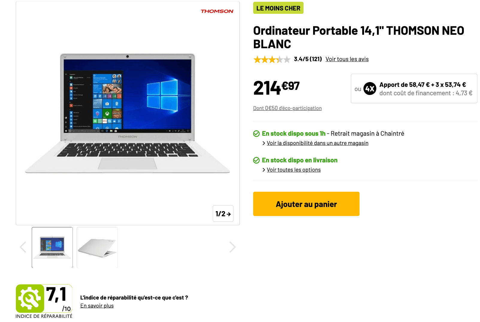 fiche produit d'une ordinateur portable de moins de 220€