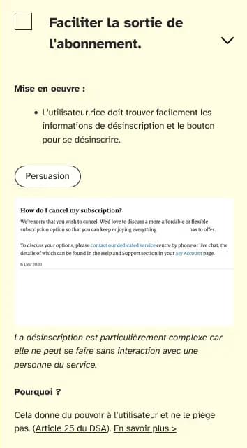 Autre exemple - Faciliter la sortie de l'abonnement - L'utilisateur.rice doit trouver facilement les informations de désinscription et le bouton pour se désinscrire.