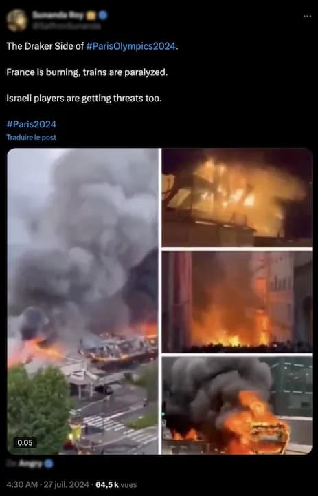 Post sur X/Twitter : The Draker Side of #ParisOlympics2024. France is burning, trains are paralyzed. Israeli players are getting threats too.
