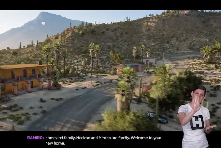 Extrait du jeu Forza Horizon contenant une personne transmettant de l'information en langue des signes