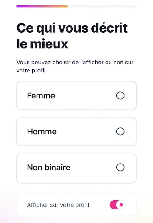 Inputting information on Fruitz - What describes you best - You can choose to display this on your profile (Female, Male, Non-binary)