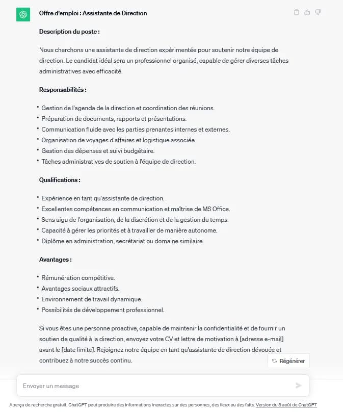 Génération d'un offre d'emploi avec ChatGPT