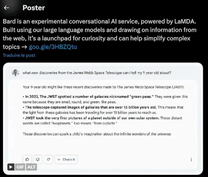Excerpt from a response by Google Bard: Your 9-year-old might like these recent discoveries made by The James Webb Space Telescope (JWST): • In 2023, The JWST spotted a number of galaxies nicknamed