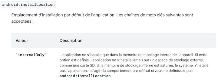 Documentation technique de développeur : "internalOnly" > L'application ne s'installe que dans la mémoire de stockage interne de l'appareil. Si cette option est définie, l'application ne s'installe jamais sur un espace de stockage externe, comme une carte SD. Si la mémoire de stockage interne est saturée, le système n'installe pas l'application. Il s'agit du comportement par défaut si vous ne définissez pas android: installLocation.
