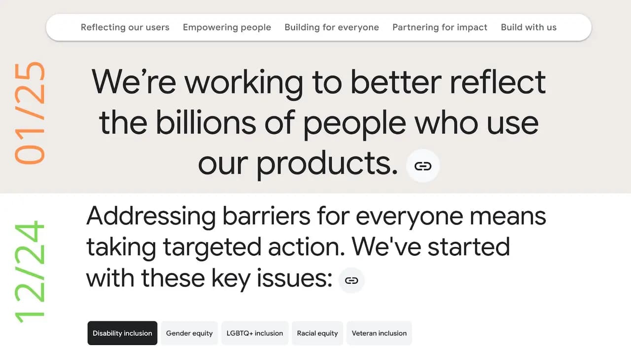 Avant : Addressing barriers for everyone means taking targeted action. We've started with these key issues:
Disability inclusion
Gender equity
LGBTQ+ inclusion
Racial equity
Veteran inclusion
 / Après : 

    Reflecting our users
    Empowering people
    Building for everyone
    Partnering for impact
    Build with us

We’re working to better reflect the billions of people who use our products. 