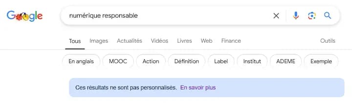 Affichage d'un bandeau sur le moteur de recherche de Google indiquant que les résultats ne sont pas personnalisés