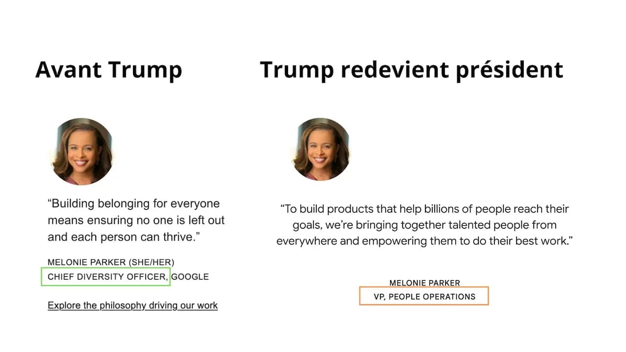 Avant : “Building belonging for everyone means ensuring no one is left out and each person can thrive.”

Melonie Parker (she/her) Chief Diversity Officer, Google  / Après : 

“To build products that help billions of people reach their goals, we’re bringing together talented people from everywhere and empowering them to do their best work.”

MELONIE PARKER VP, People Operations 