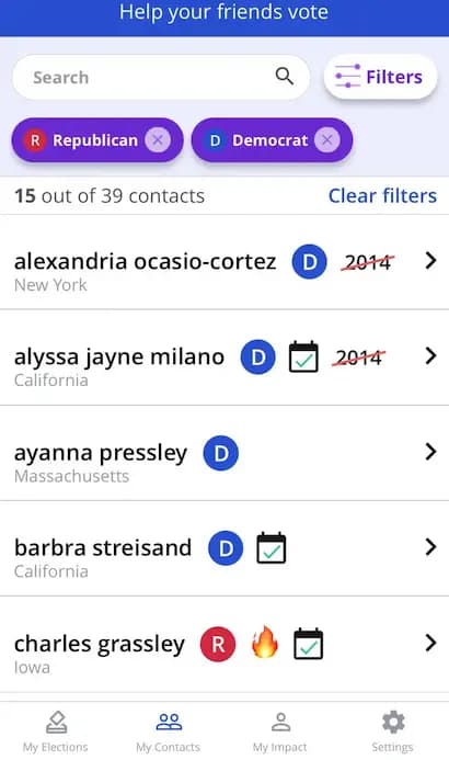 Liste de personne issu du carnet d'adresse avec leur opinion politique et ayant voté ou non