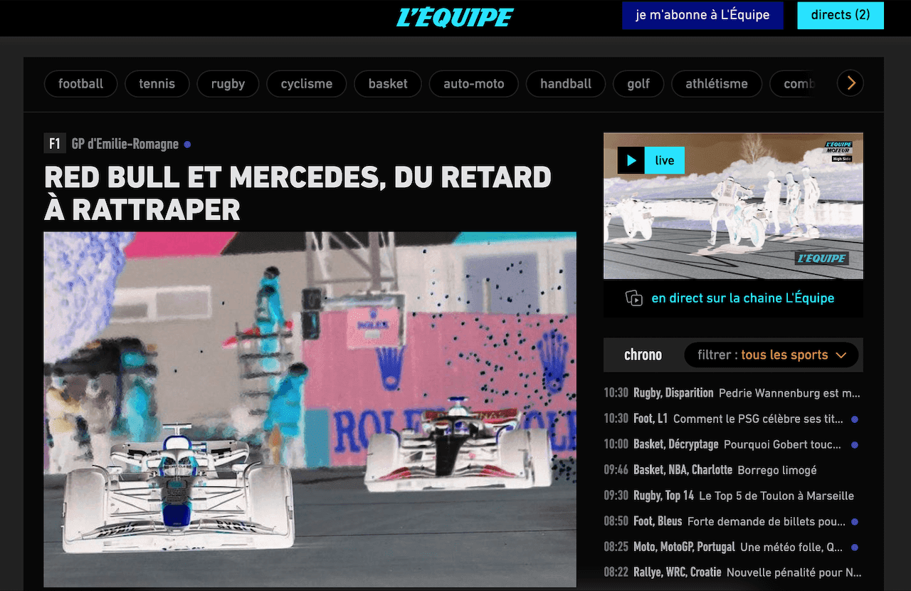 page d'accueil du site l'Equipe avec inversion de couleur