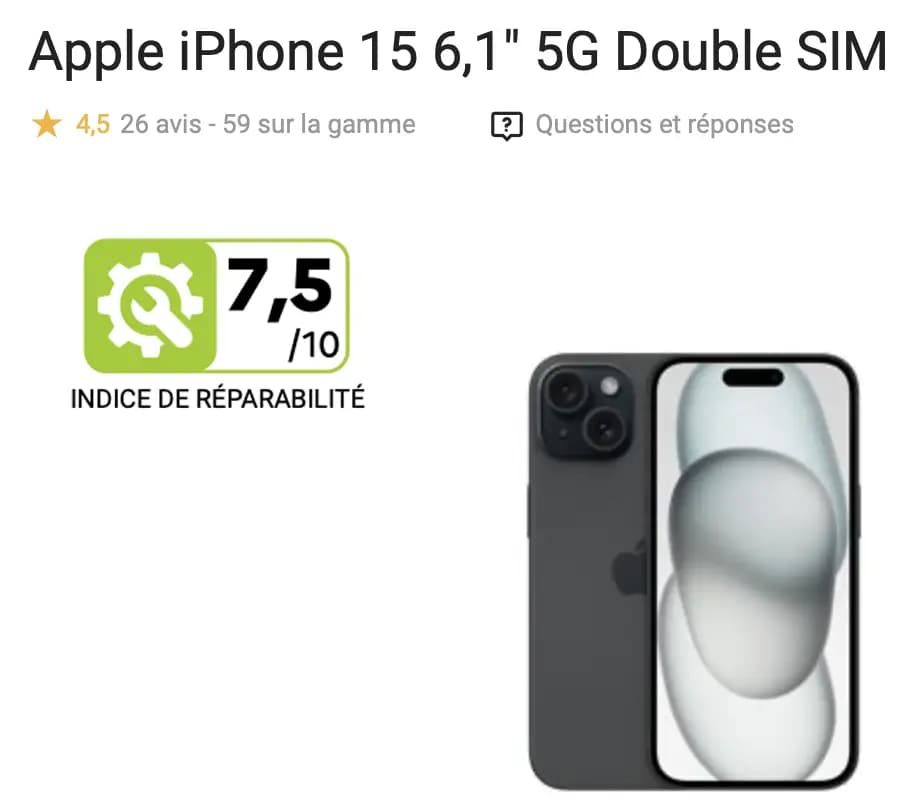 La note de réparabilité de l'Iphone 15 est 7.5/10 