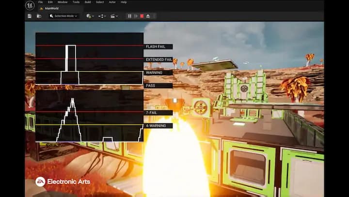Démonstration dans Unreal d'Iris en affichant les seuils d'alerte concernant la photosensibilité de l'image / FlashLight / Extended Fail / Warning / Pass