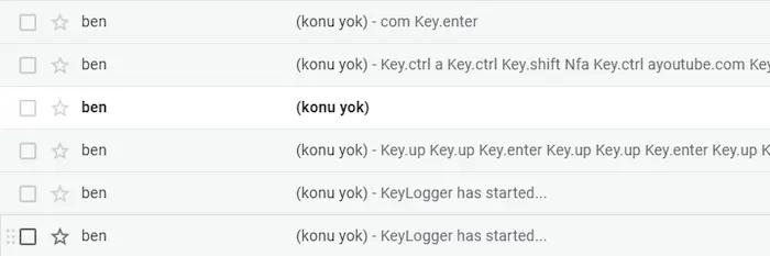 Demonstration of key logging recovery via email: ben (no subject) - Key.ctrl a Key.ctrl Key.shift Key.ctrl youtube.com