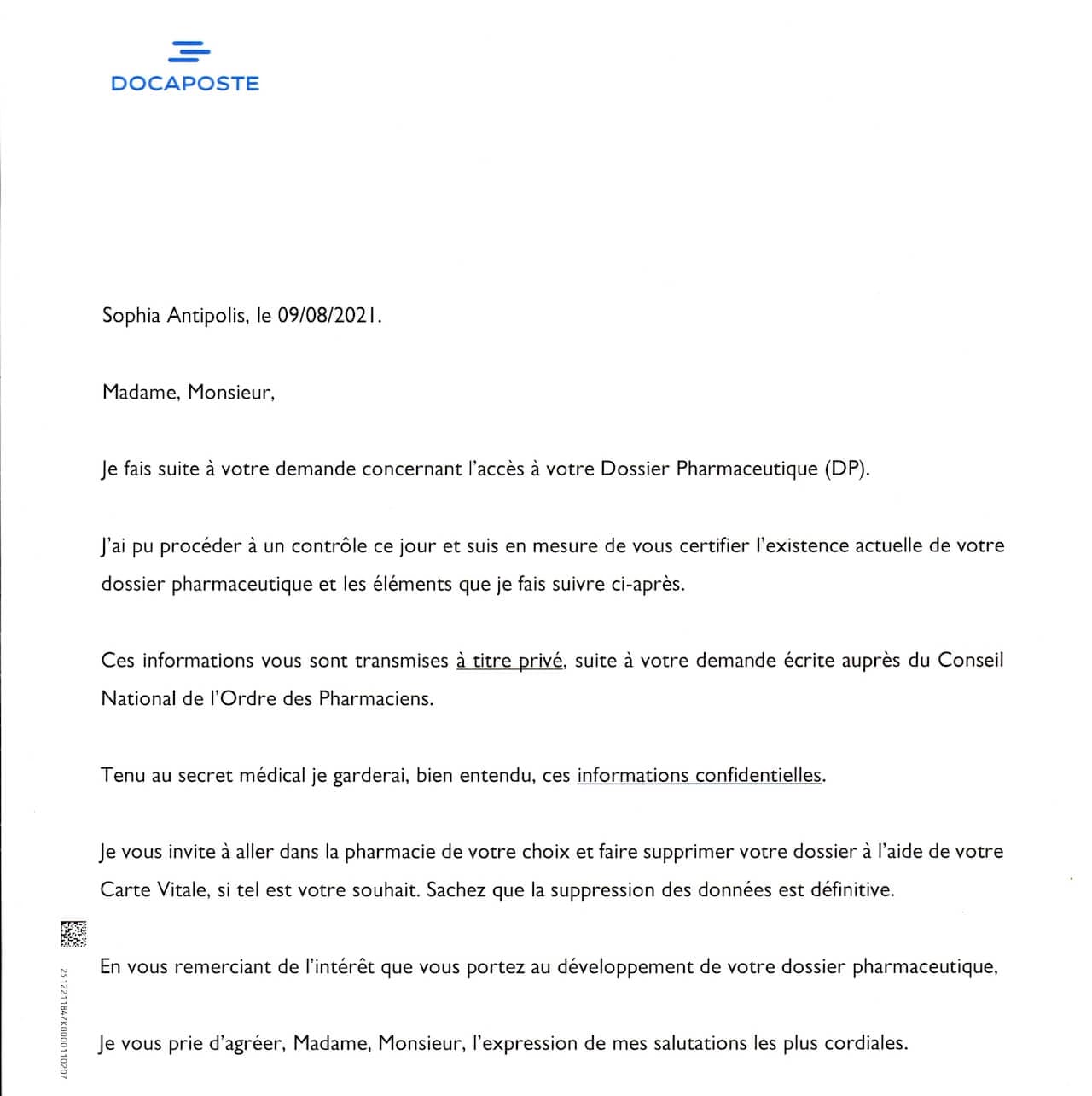 courrier de Sophia Antipolis, certifiant l'existence d'un dossier pharmaceutique