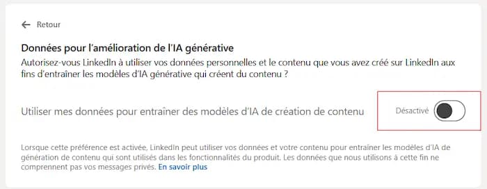 Utiliser mes données pour entraîner des modèles d'lA de création de contenu / Désactivé