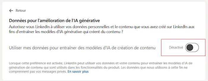 Utiliser mes données pour entraîner des modèles d'lA de création de contenu / Désactivé