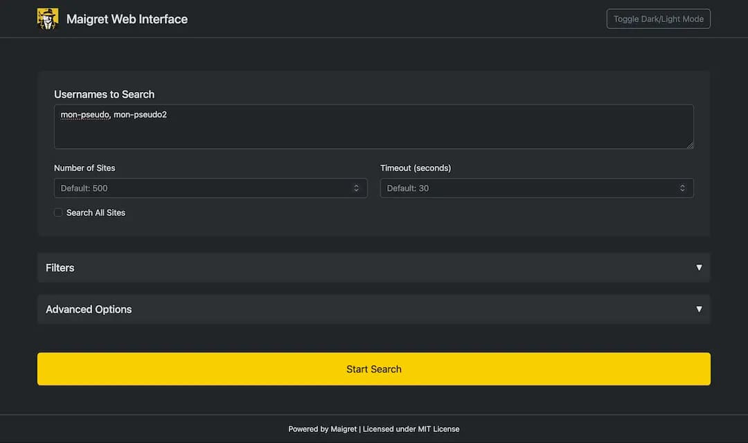 Maigret Web Interface > Usernames to search > Filters > Advanced options