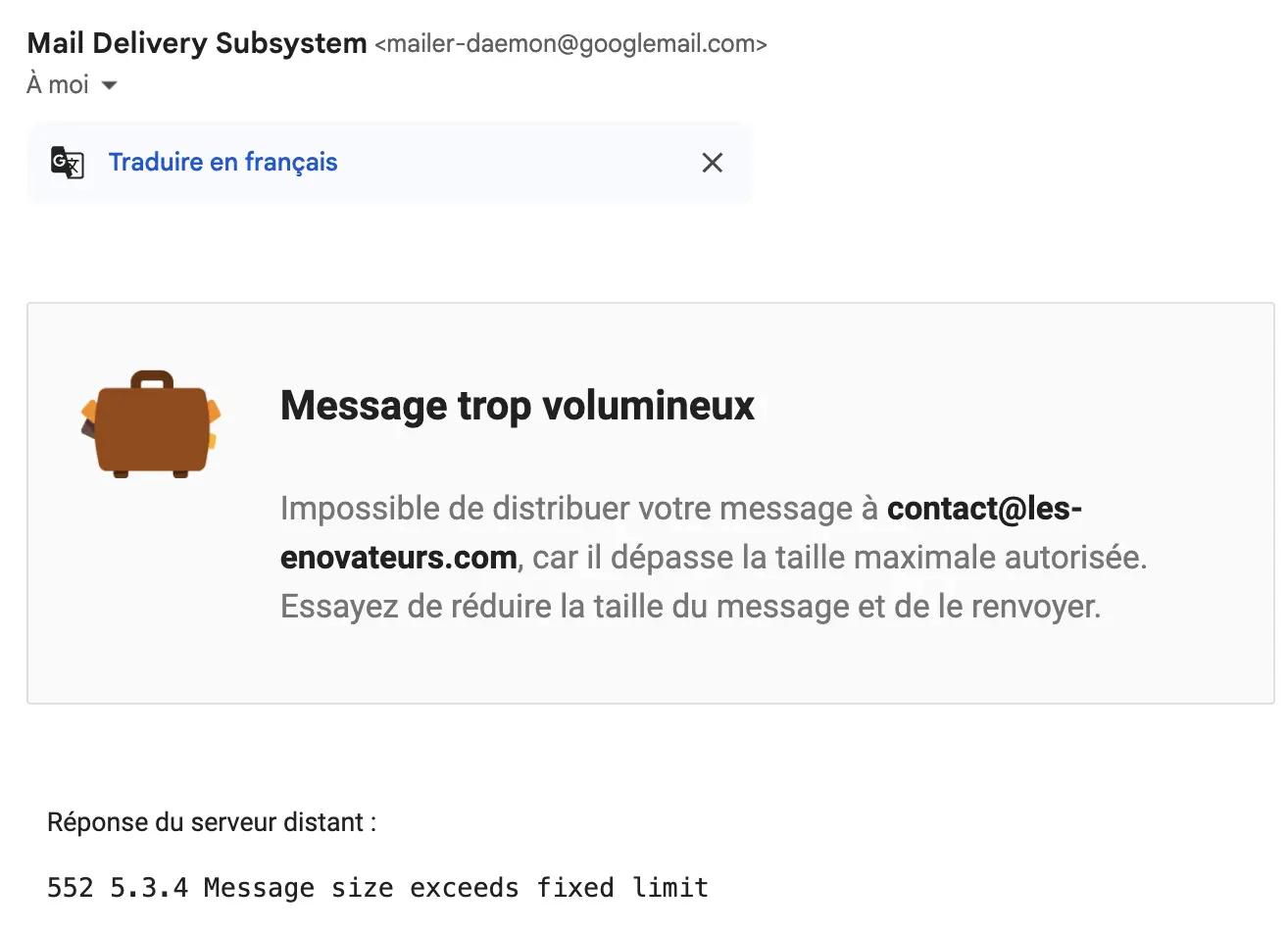Message trop volumineux / Impossible de distribuer votre message à contact@les-enovateurs.com, car il dépasse la taille maximale autorisée