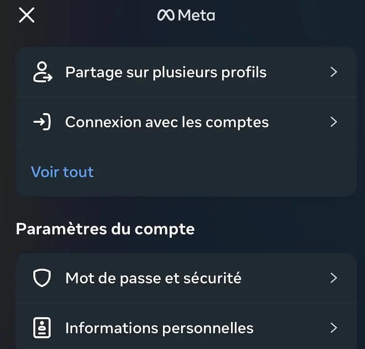 Meta - page paramètres du compte - Informations personnelles