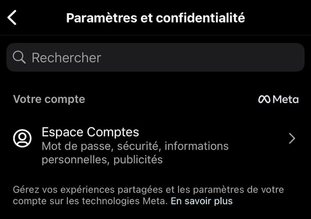 Meta Page - Paramètres et confidentialité