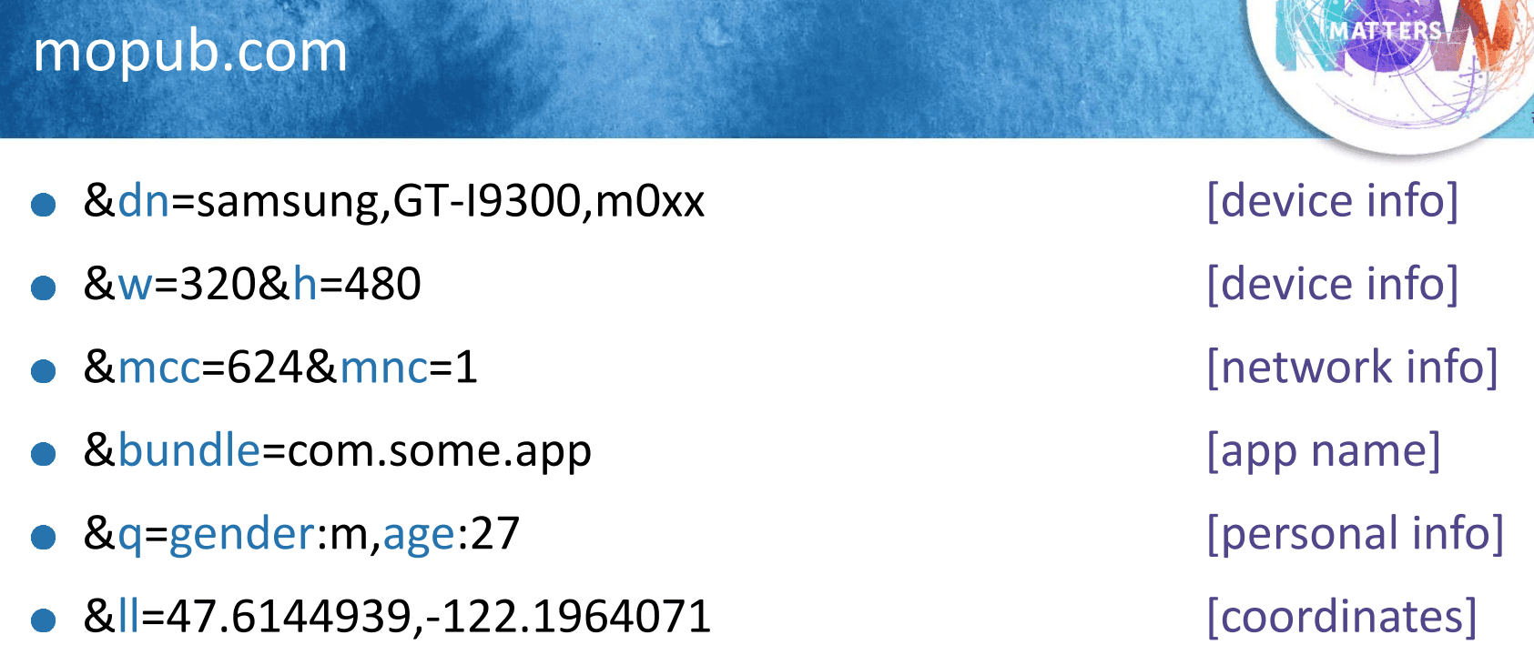 Une diapositive de la présentation du chercheur de Kaspersky et qui décrit la transmission en clair des données du SDK mopub.