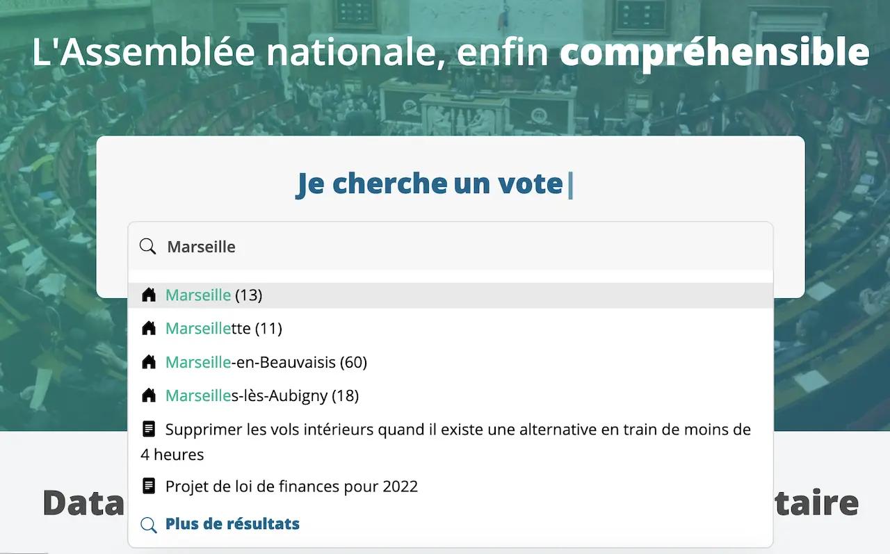 By typing Marseille into the search bar, I get results: Marseille, Marseillette, Finance Bill 2022, ...
