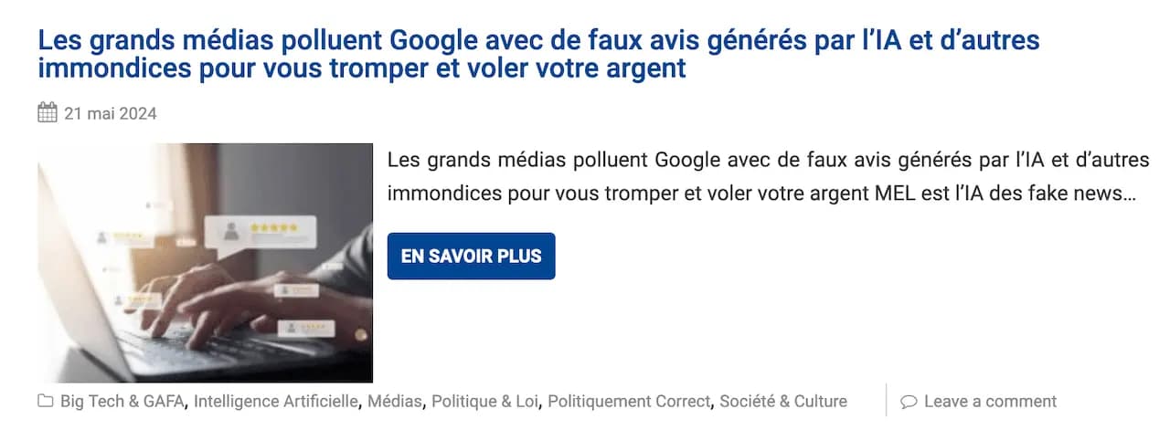 Nouvel Ordre mondial - article - Les grands médias polluent Google avec de faux avis générés par l'IA et d'autres immondices pour vous tromper et voler votre argent