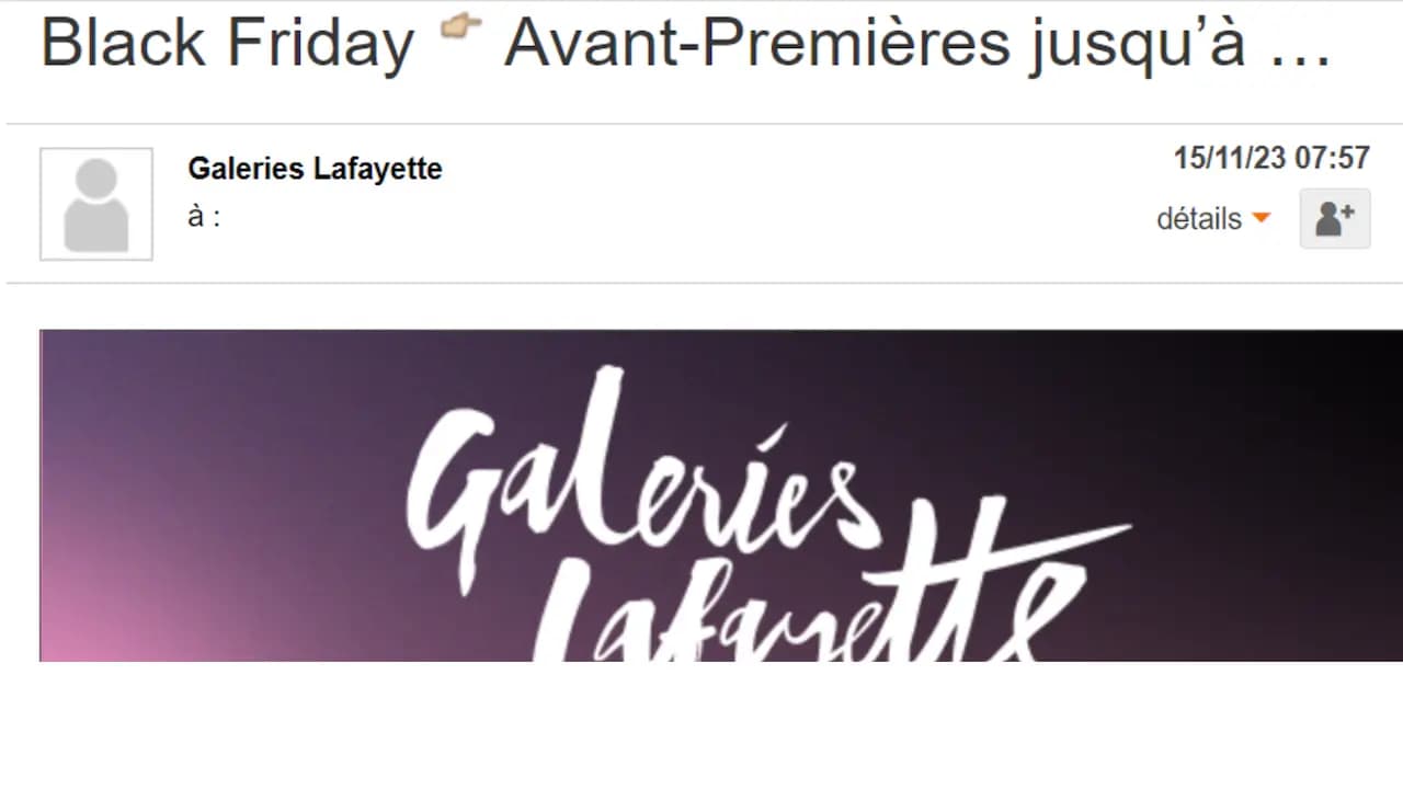 Promotion envoyé dans une newsletter pour le Black Friday de l'entreprise Galerie Lafayette