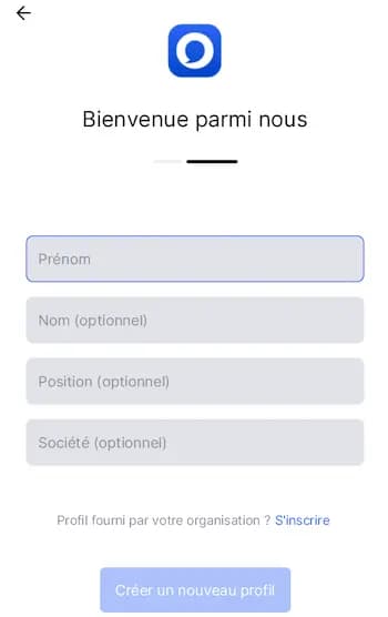 Olvid requires a first name and offers a few optional fields (Last Name, Position, Company)